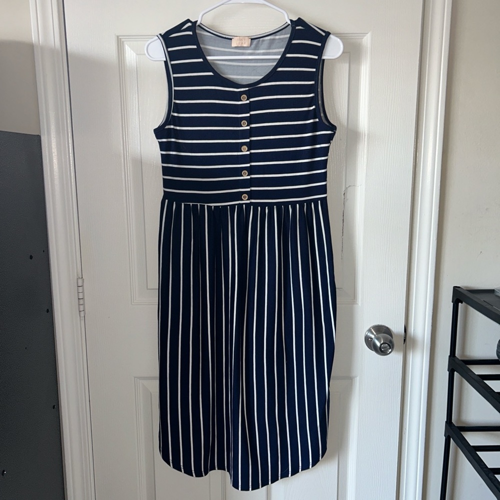 Navy and white striped midi dress